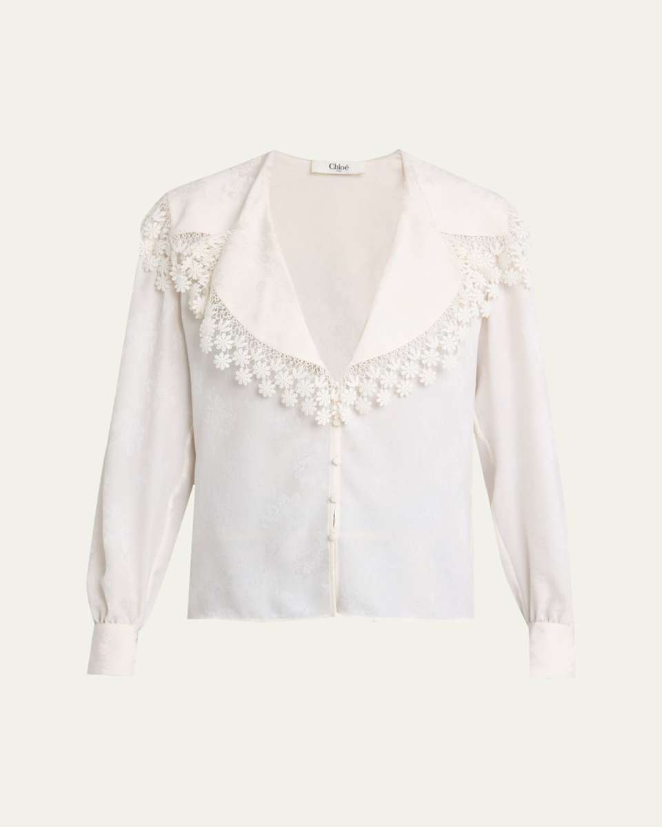 Floral-Trim Printed Silk Blouse